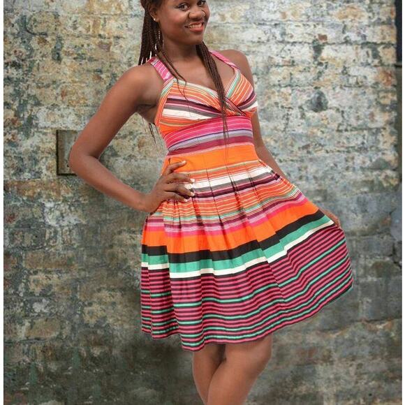 Calvin Klein Cotton Dress size 2 Bright Rainbow Summer Preppy Stripes - Picture 3 of 6